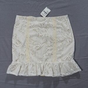4SI3NNA Lace Skirt Womens Large White Cream Floral Ruffle Hem Mini Bodycon